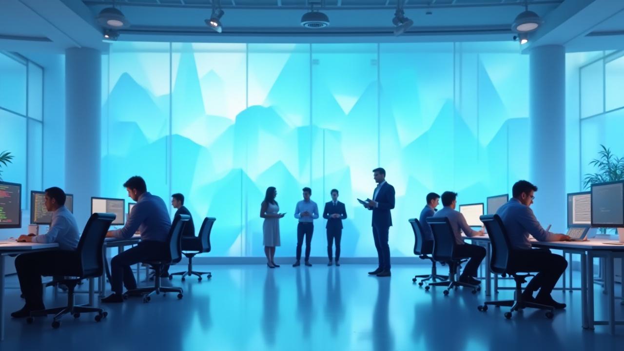 Team of Roblox developers collaborating in a modern, open office space with subtle digital patterns