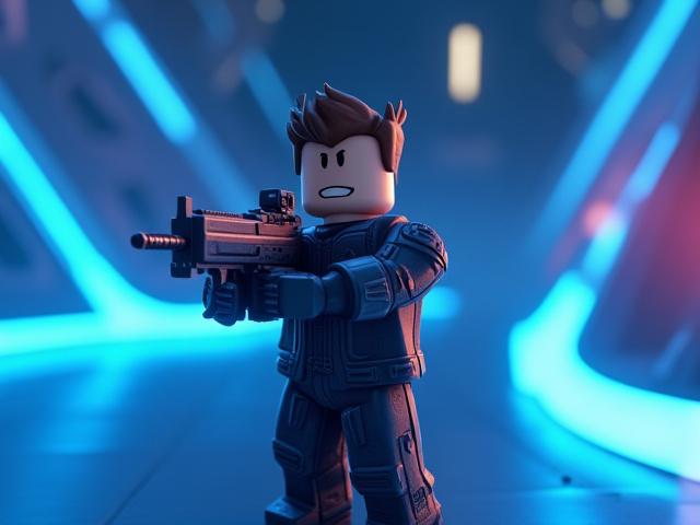 Roblox arena shooter character aiming a weapon in a sleek 3D environment.