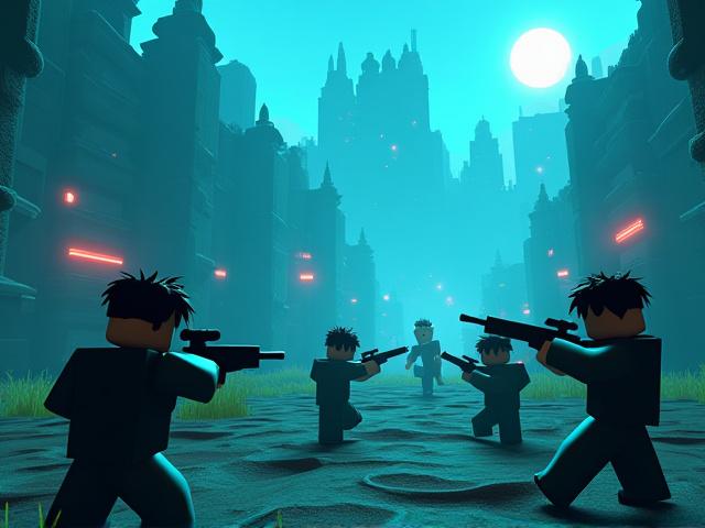 Roblox battle royale in action, with multiple player characters on a dynamic map.