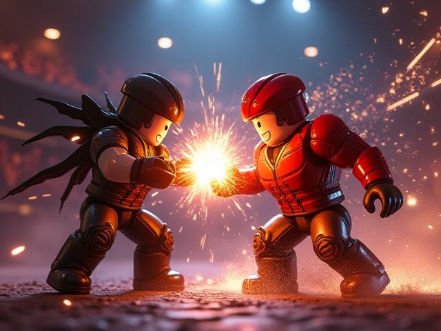 Two stylized Roblox combat characters engaged in a fighting stance.