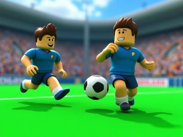 Roblox soccer game in progress, showing characters on a field with goals.