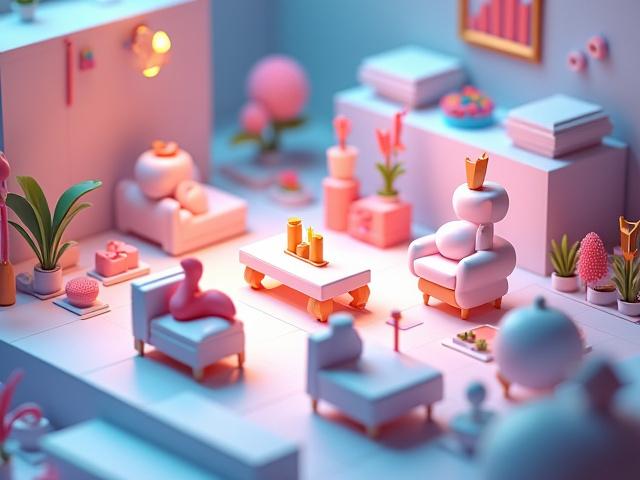 Illustration of a thriving in-game marketplace with various player-created 3D furniture models and digital currency icons, representing revenue growth and community engagement.